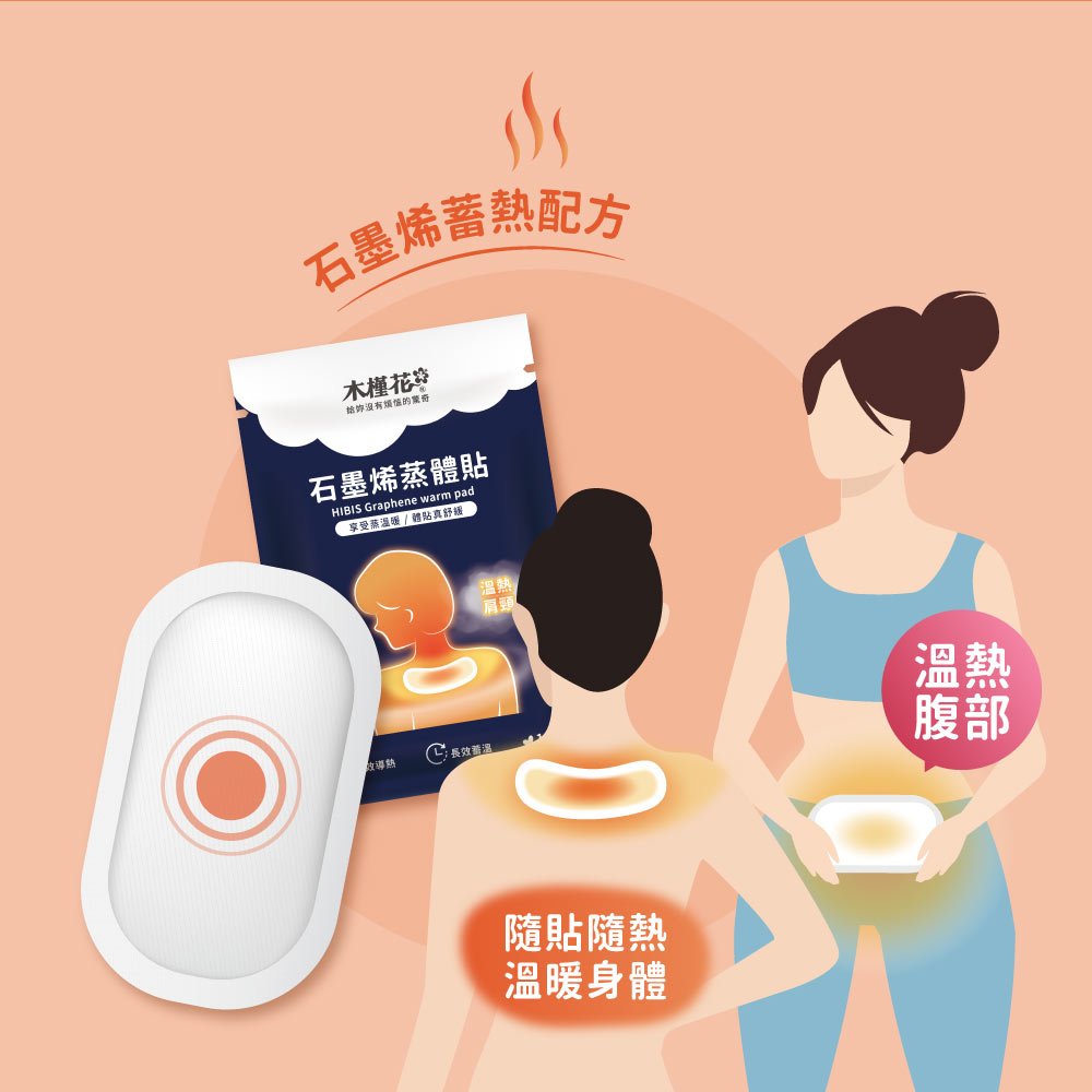 HiBIS木槿花MIT台灣製造石墨烯蒸體貼，3C族與久坐族必備舒緩貼，女性使用溫熱舒緩經痛與腰背痠痛