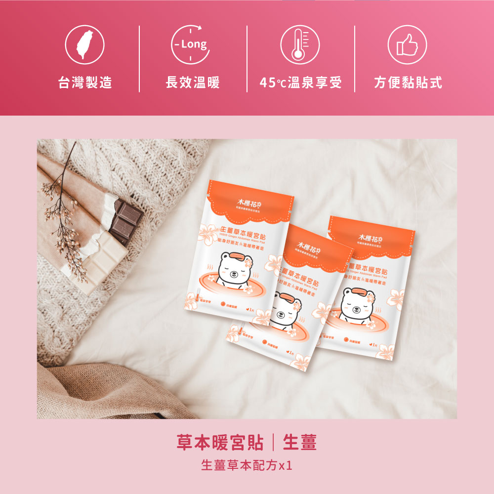 HiBIS木槿花生薑草本暖宮貼特色，草本精華溫熱舒緩經痛，穩定恆溫呵護女性生理期。