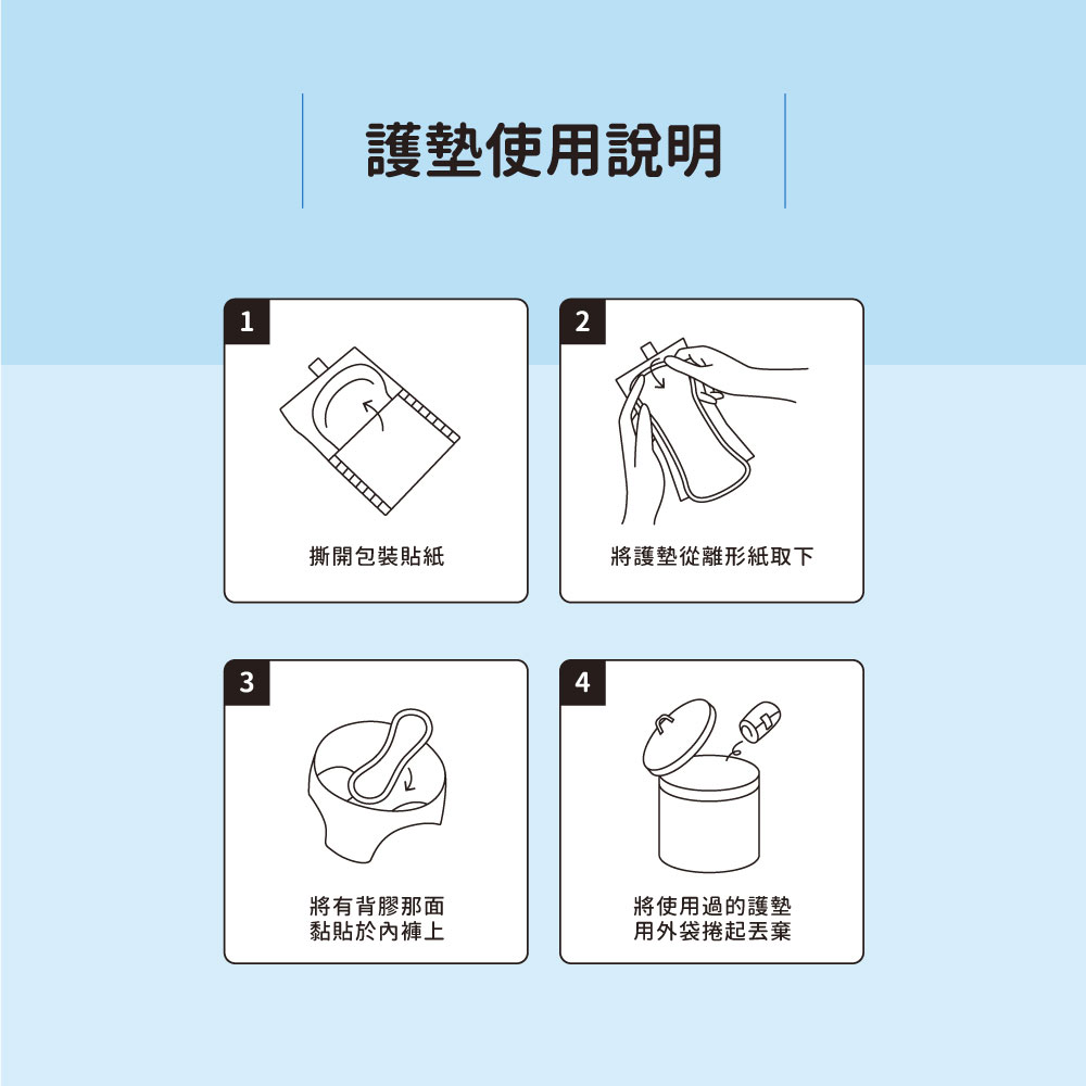 HiBIS木槿花草本護墊使用教學：輕薄服貼內褲，建議勤更換，保持私密清爽，做好日常分泌物護理。